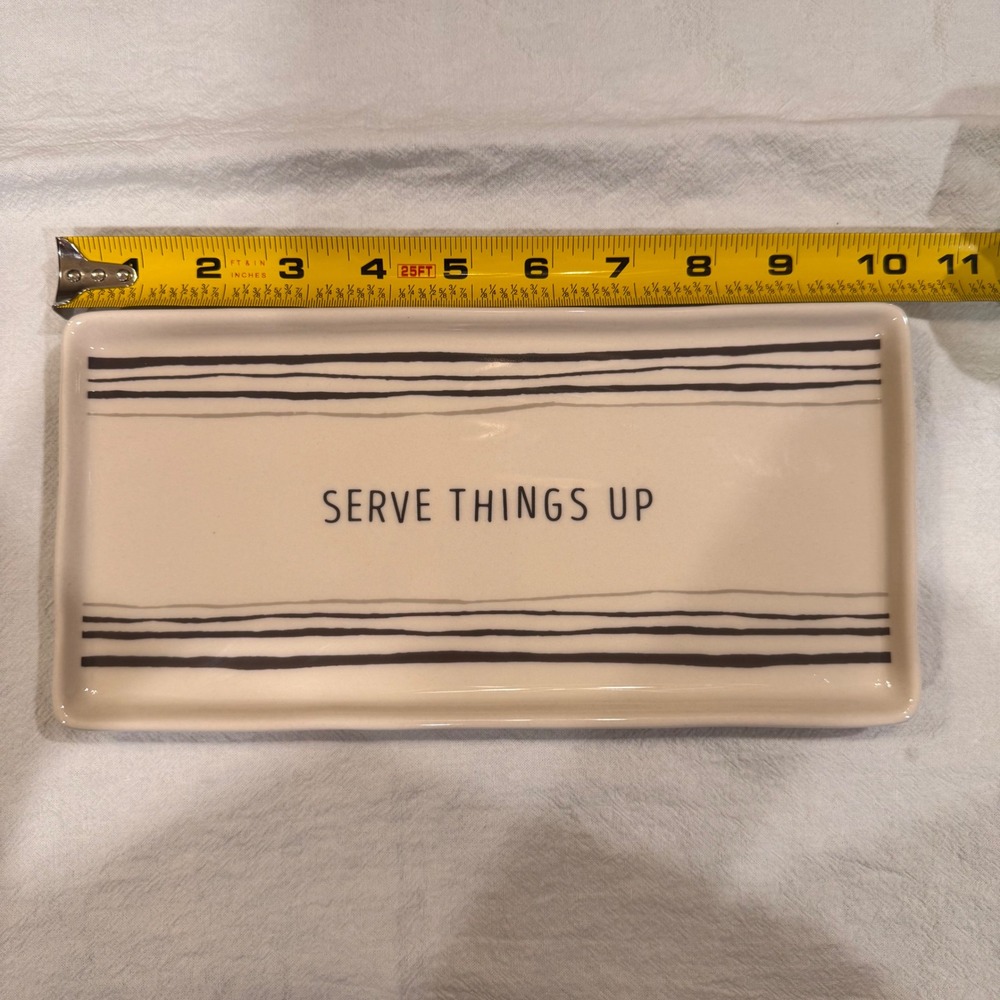 Demdaco Serve Things Up Ceramic Platter Cream Striped Rectangular Tray 10.5in - Picture 7 of 7